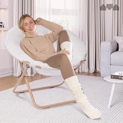 Milliard Cozy Chair/Velour Saucer Accent Chair for Bedroom/X-Large (White/Wood-Tone) thumbnail 2