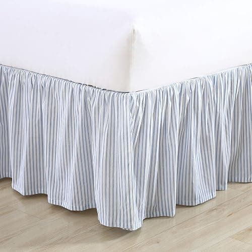 Laura Ashley - Queen Bedskirt, 100% Cotton Fabric with a Smooth and Lightweight Construction, 14.5" Drop Length, Stripe Bedding Design (Classic Ticking Blue) thumbnail 2