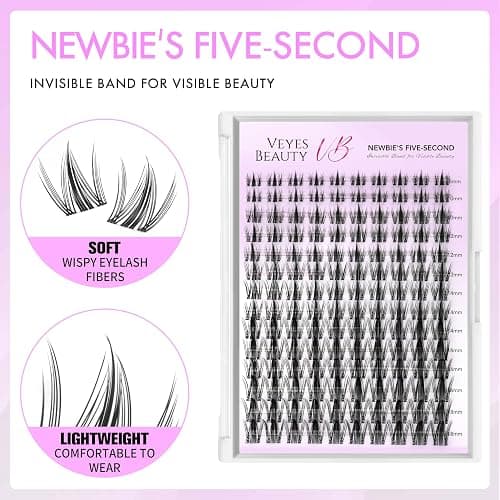 VEYESBEAUTY Manga Lash Clusters Eyelash Extensions Thin & Invisible Band DIY Individual False Eyelashes Newbie's Five-Second Series Wispy Lash Tray for Self-application, Lashes 8-18mm Mixed Length thumbnail 2