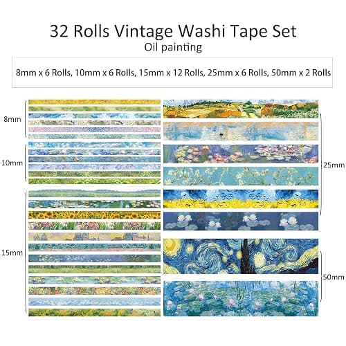 emmoolife 32 Rolls Washi Tape Set, Oil Painting Decorative Masking Tape, Van Gogh Adhesive Tape for Bullet Journal, DIY Crafts Gift, Party Decorations, Junk Journal, School Supplies thumbnail 3
