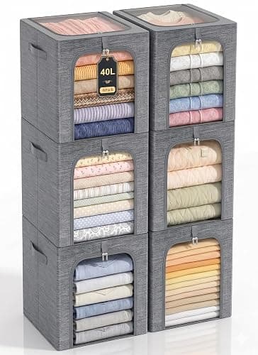 GoMaihe Clothes Storage Bins with Metal Frame for Closet, 40L 6-Pack Grey | Sweaters Hoodies Jeans T-Shirt, Closet Top Shelf Organizer, Steel Frame Collapse-Proof, Stackable, Clear Window, Dual Access - Image 1