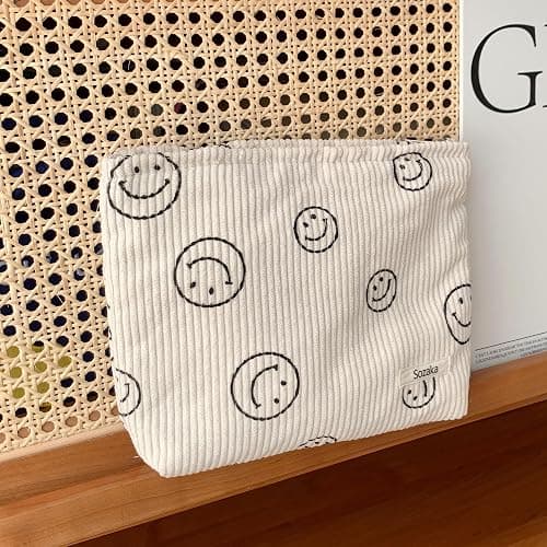 Gardsell Cosmetic Bags for Women - Corduroy Cosmetic Bag Aesthetic Women Handbags Purses Smile Dots Makeup Organizer Storage Makeup Bag Girls Case Bags (A-Beige) thumbnail 5