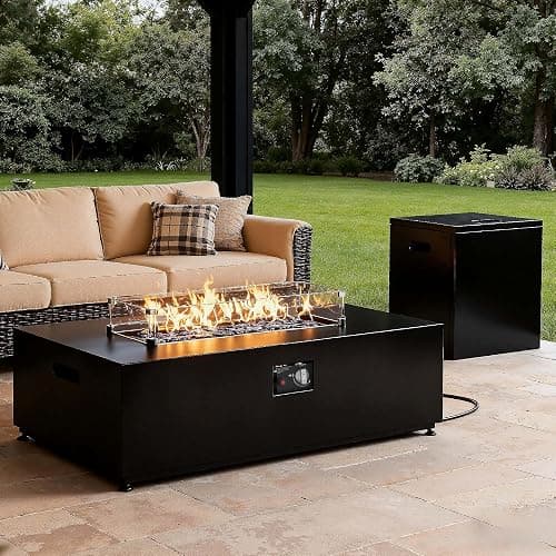 Aeeiua 42" Propane Fire Pit Table Set with Tank Holder, Rectangle 2-Piece Outdoor Firepit Wind Guard, Lid, Glass Stones and Cover - Image 1