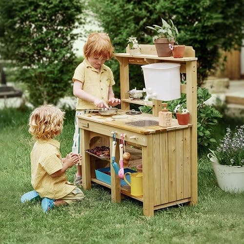 Tiny Land Outdoor Mud Kitchen for Kids, Wooden Play Kitchen with Water Tank, Water & Cooking Play, Sensory Fun, Weather-Resistant with Storage, Ideal for Toddlers Ages 3+ thumbnail 13