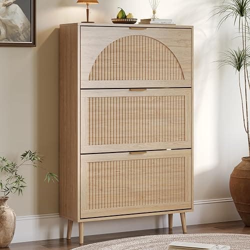 BORNOON Shoe Cabinet for Entryway with 3 Flip Drawers, Slim Wooden Shoe Storage Organizer with Modern Fluted Pannel，Freestanding Narrow Hidden Shoe Rack for Hallway, Foyer, Living Room - Image 1