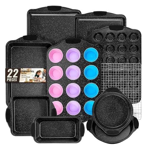 Baking Pans Set Nonstick, Bakeware Sets Stackable with Silicone Handles, AIVIKI 22 Pieces Oven Pan for Cooking Including Baking Cookie Sheet with Rack, Roast Pan, Cake Pan, Loaf Pan, Muffin Pan, Black - Image 1