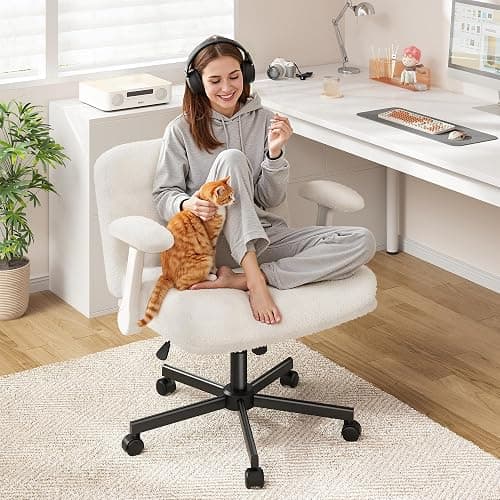 DurayLoly Criss Cross Chair with Wheels, Criss Cross Office Chair with Flip-up Armrests, Vanity Chair for Bedroom, Home Office, Apartment, Plush Fabric, White thumbnail 7