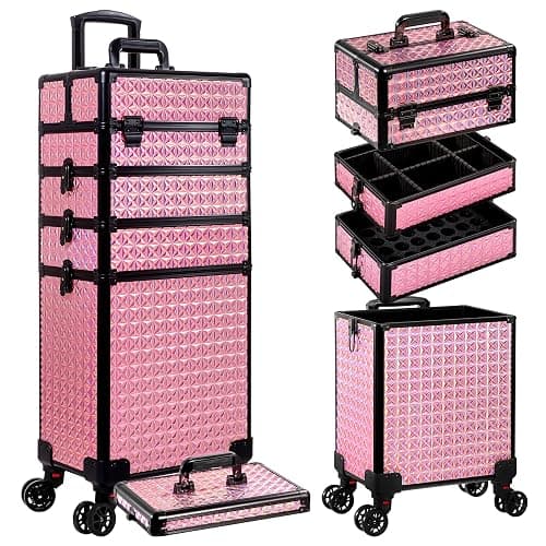 AROUS 5 in 1 Rolling Makeup Train Case Cosmetology Case on Wheels Large Cosmetic Organizer Travel Cart for Hairstylist Artist Nail Beauty Salon Barber,Pink thumbnail 3