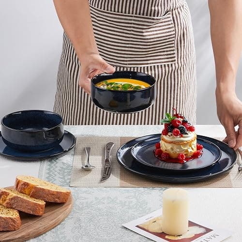 Joyfair Geschirrset 6 Personen, 18-tlg Steinzeug Tafelservice Set, Kratzfest Reaktive Glasur Geschirr Set mit Speiseteller, Dessertteller, Müslischalen, Mikrowellen- & Spülmaschinenfest, Tiefsee Blau thumbnail 5