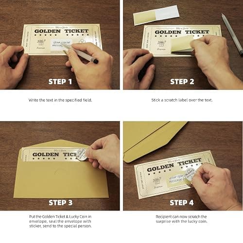 Golden Ticket with Lucky Coin, Scratch Card with Envelope, Surprise Gift Reveal Scratch Off Ticket Card as Birthday Card Wedding Card Concert Ticket Cinema Voucher Raffle Gift Card for Kids Women Men - 1 Golden Ticket with Lucky Coin thumbnail 3