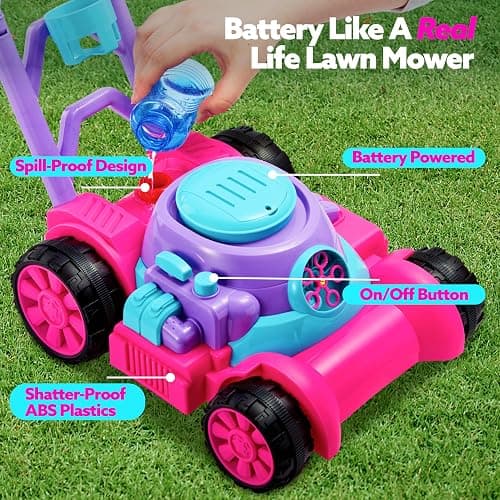 SLOOSH Bubble Lawn Mower Toddler Toys - Spill-Proof Bubble Machine Pretend Gardening Toy for Age 1 2 3 1-3 Year Old Toddler Indoor Outdoor Use, Baby Girl Push Toys Easter Birthday Gift (Pink) thumbnail 4