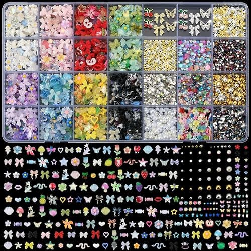 OPMADM 9000 Pcs 3D Nail Charms and Gems Bulk Y2k Cute Charms for Nails Design Kit 110 Styles Colorful Rhinestones Bows Butterfly Flower Star Beads Pearls Bubble - Image 1