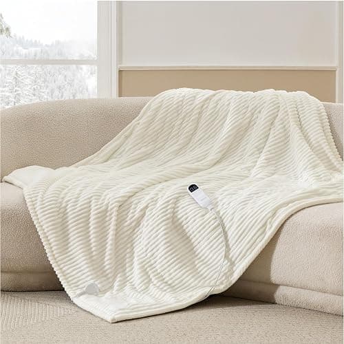 Bedsure GentleSoft Heated Blanket Electric Throw - Soft Ribbed Flannel Electric Blanket, Heating with 4 Time Settings, 6 Heat Settings, and 3 hrs Timer Auto Shut Off (50x60 inches, Coconut White) - Image 1
