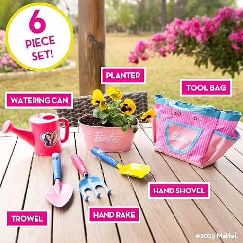 Barbie Garden Set – Real Gardening Tools for Kids with Watering Can, Metal Tools, Flower Pot and Storage Bag – Pink Tool Playset for Outdoors, 6 Pieces thumbnail 3