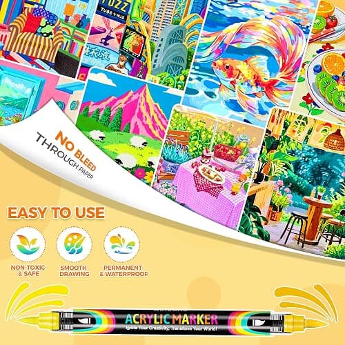 48 Colors Acrylic Paint Markers, Direct Ink Flow Dual-Tip Acrylic Markers Set, Soft Brush Tip Paint Pens with Opaque Coverage for Rock Painting, Canvas, Glass, Wood, Ceramic & DIY Craft, Set of 24 thumbnail 2