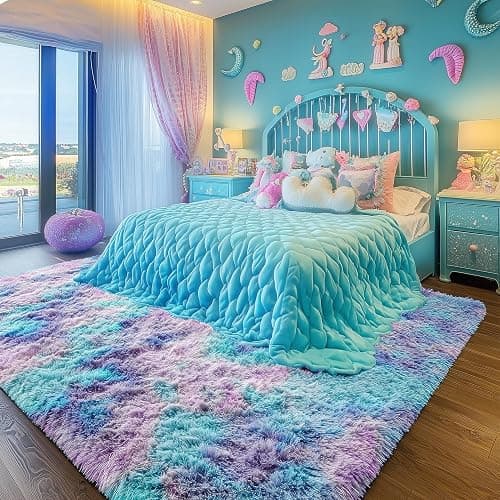 PAGISOFE Cute Furry Pastel Rug for Girls Bedroom, Soft Purple Shag Tent Rugs for Livingroom, Kids Room, Playroom, Nursery, Home Decor, Plush Mermaid Kawaii Rug, Fluffy Fuzzy Carpet, 4x6 Area Rug - 4x6 Feet - Rainbow Purple thumbnail 4