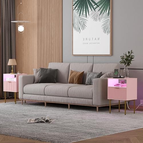 JOONEE Modern Nightstand with Charging Station and LED Lights, White Bedside Table with Drawer, Fluted Side Table for Living Room, Bedroom thumbnail 3
