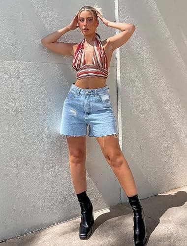 IWD Jean Shorts for Women High Waisted Stretchy Casual Denim Shorts Ripped Frayed Hem Summer Trendy Jorts thumbnail 3