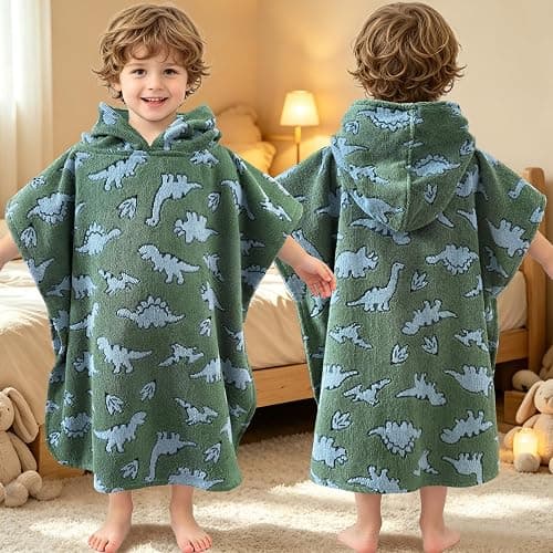 VOOVA & MOVAS Toddler Poncho Towel,1-3Y Soft Thick Cotton,Green Dino | 21"x21" In,Warm & Cozy,Super Absorbent,Quick Dry,No Fade,for Bath,Pool & Travel - Image 1