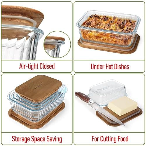 dokaworld Ribbed Glass 4 Stackable Meal Prep Containers with Acacia Lids | Lunch, Meal & Food Prep - Microwave & Oven Safe BPA Free Durable Heat Resistant Inert Borosilicate Glass thumbnail 4