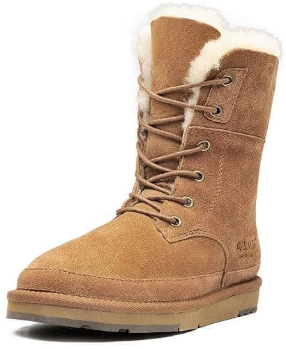 AU&MU Aumu Womens Shearling Leather Sheepskin Classic Lace up Mid Calf Flat Fur Winter Snow Boots… - Image 1