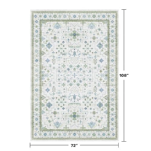 Hazo Haus Cream Oushak 6x9 Bedroom Rug - Boho Floral Cool Blue and Green, Washable Low Pile Non-Slip Ultra-Thin Large Area Rugs for Bed Room, Living Room, Playroom thumbnail 2