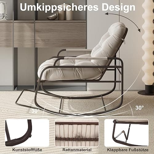 BHFFTHK Schaukelstuhl mit fußablage, Schaukelstuhl für drinnen & draußen, Schaukelsessel Wohnzimmer Relaxstuhl mit gepolsterter, bis 150 kg Belastbar für Garten, Wohnzimmer, Beige (Beige-C) thumbnail 4