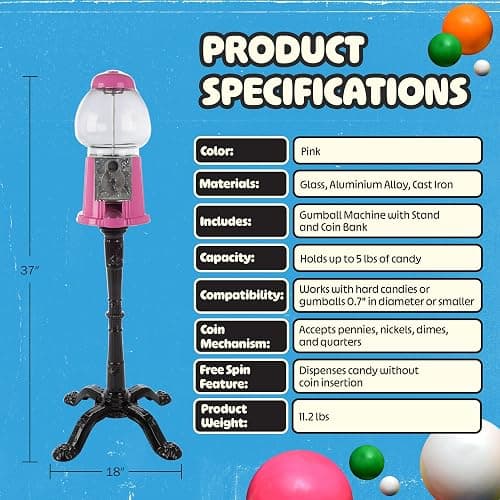 15” Gumball Machine with Stand and Coin Bank - Bubble Gum Machine Candy Dispenser with Glass Globe and Metal Base - Vintage Style Gum Ball Vending Dispenser by Great Northern Popcorn (Pink) thumbnail 6