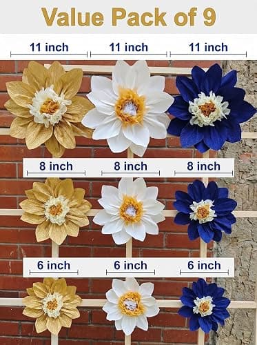 Mybbshower Crepe Paper Flower for Wall Paper Pom Pom Decor Girls Birthday Party Backdrop Baby Shower Nursery Decoration Pack of 9 (Navy Blue Gold) thumbnail 3