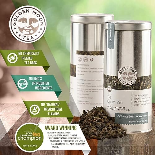 Golden Moon Organic Tie Guan Yin Oolong Tea – Travel Tin 30 Servings | Organic Tie Guan Yin oolong – smooth, buttery, traditional Anxi region. Airtight travel tin, 30 servings. thumbnail 4