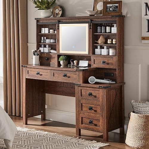 T4TREAM 48'' Farmhouse Makeup Vanity Desk with Sliding HD Mirror and Lights, Big Modern Lighted Vanity Table with 7 Drawers & Shelves, Rustic Large Dressing Table for Bedroom, Reclaimed Barnwood - Image 1