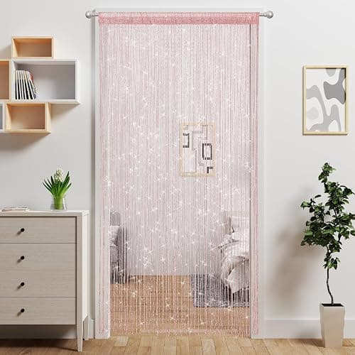 Atsweetlife Door String Curtain Doorway Beads Curtains,Hanging Room Divider Beaded Decor Hippie Glitter Fringe Panel Closet Window Doors Sequin Sheer Boho Doors Tassel (Pink) - Image 1