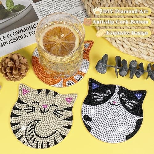 Vcekract Diamond Painting Coasters Kits, 6 Pcs Cat Diamond Art Coasters with Holder, Crafts Kits for DIY Coasters, Diamond Art Kits for Adults thumbnail 2