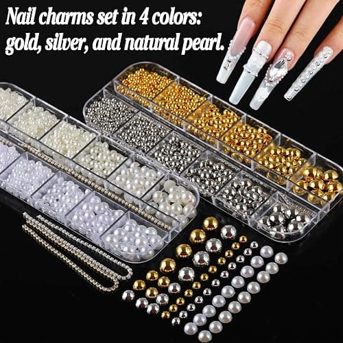 BANA Nail Charms for Rhinestones Kit with 13 Boxes of Nail Gems, 18000Pcs 3D Gold and Silver Nail Charms with Cross, Crown, Pearls for DIY Nail Designs thumbnail 7