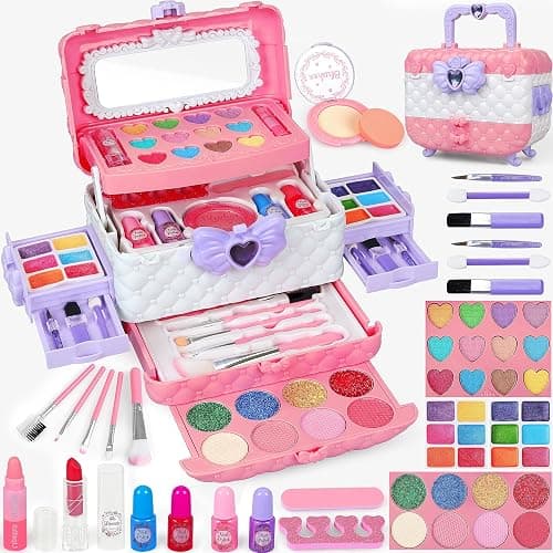 54 Pcs Kids Makeup Kit for Girls, Princess Real Washable Pretend Play Cosmetic Set Toys with Mirror, Non-Toxic & Safe, Birthday Gifts for 3 4 5 6 7 8 9 10+Years Old Girls Kids (Pink White) - Pink and White - Image 1
