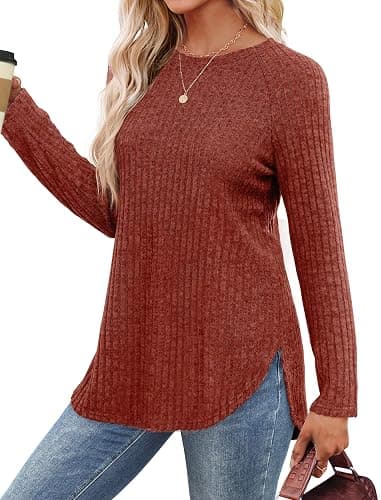 Saloogoe Long Sleeve Shirts for Women 2025 Fall Clothes Tunic Tops Loose Fit Dressy Crewneck Pullover Sweaters Curved Hem thumbnail 2