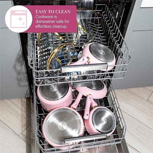 Paris Hilton Epic Nonstick Pots and Pans Set, Multi-layer Nonstick Coating, Tempered Glass Lids, Soft Touch, Stay Cool Handles, Made without PFOA, Dishwasher Safe Cookware Set, 12-Piece, Pink thumbnail 7