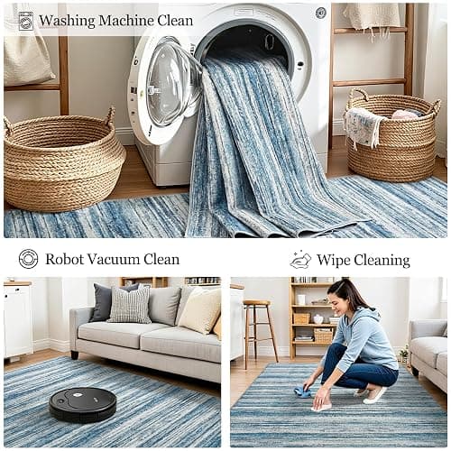Chicrug 2x6 Blue Washable Runner Rug for Hallway Kitchen Entryway Non Slip | Striped Abstract Long Runners Rugs for Bedroom, 6ft Low Pile Floor Carpet Runner for Bedside Dorm Laundry Room thumbnail 6