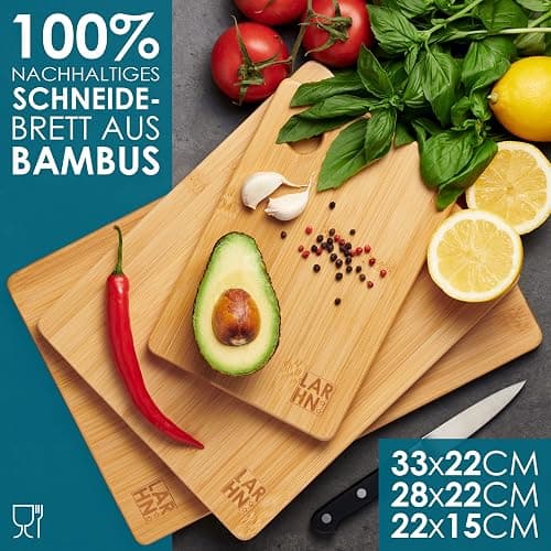 Schneidebrett Holz (3er Set) - 3 Extra Dicke Bambus-Schneidebretter - 33 x 22 cm / 28 x 22 cm / 22 x 15 cm - Die Perfekte Holzbrett Küche, Brotbretter und Servierbretter - von LARHN thumbnail 3