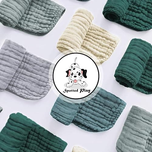 Spotted Play Muslin Burp Cloths 100% Cotton Large 20''x10'' Extra Soft and Absorbent Baby Wash Cloths Spit Up Rags - Baby Burping Cloth for Boys Girls Items(12 Pack Ivory, Slate and Emerald Series) thumbnail 3