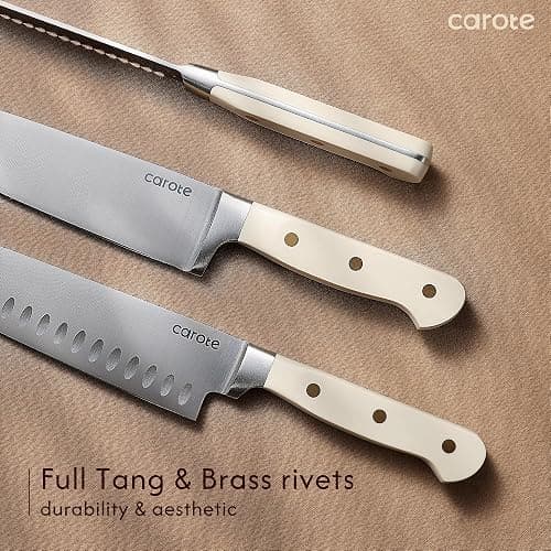 CAROTE 11 Pieces Knife Set with Block for kitchen, Stainless Steel Razor-Sharp Blade, Triple Riveted Ergonomic Handle, Wooden Magnetic Block, Essential Knife Block Set, Beige thumbnail 5