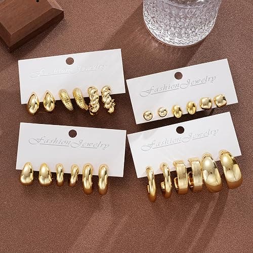12 Pairs Chunky Gold Hoop Earrings for Women Trendy, Gold Plated Lightweight Hypoallergenic Stack, Thick Open Twisted Huggie Hoops Earring Set thumbnail 8