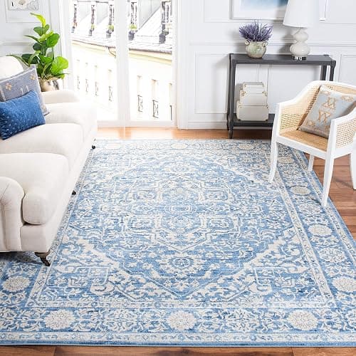 SAFAVIEH Brentwood Collection Area Rug - 8' Square, Ivory & Navy, Medallion Distressed Design, Non-Shedding & Easy Care, Ideal for High Traffic Areas in Living Room, Bedroom (BNT832A) - Image 1