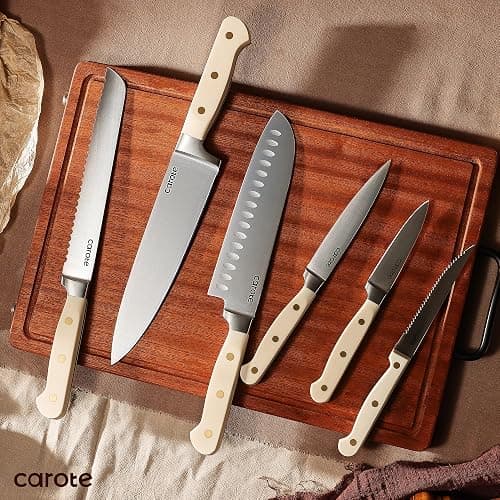 CAROTE 11 Pieces Knife Set with Block for kitchen, Stainless Steel Razor-Sharp Blade, Triple Riveted Ergonomic Handle, Wooden Magnetic Block, Essential Knife Block Set, Beige thumbnail 7