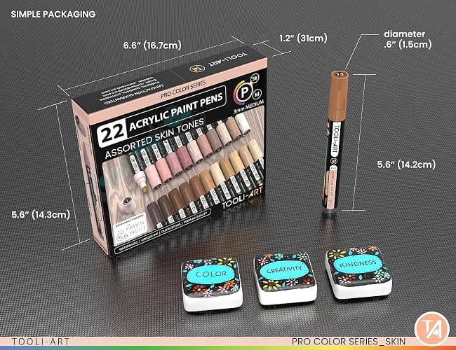TOOLI-ART 22 Acrylic Paint Markers Paint Pens Pro Color Series Set 3mm Medium Tip for Rock Painting, Glass, Mugs, Wood, Metal, Glass Paint, Canvas, DIY. Non Toxic, Waterbased, Quick Drying (SKIN) thumbnail 2
