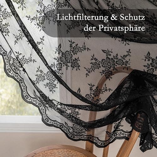 MYSKY HOME Vorhang aus Spitze Blumen Bestickte Spitzengardinen, Vorhänge mit Kräuselband Transparent Gardinen 2er Set, Modern Dekoschal für Wohnzimmer Schlafzimmer, Schwarz, H 245 x B 140 cm. thumbnail 5