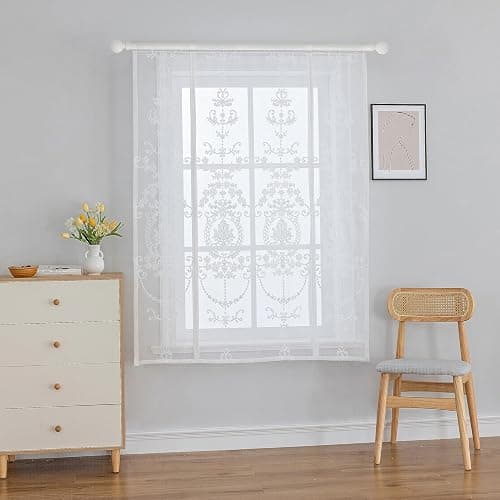HomeyHo Sheer Tie Up Curtains for Bathroom Girls Bedroom Flower Embroidered Liftable Curtain Kitchen White Lace Short Balloon Curtains for Small Window 31 x 47 Inch thumbnail 2
