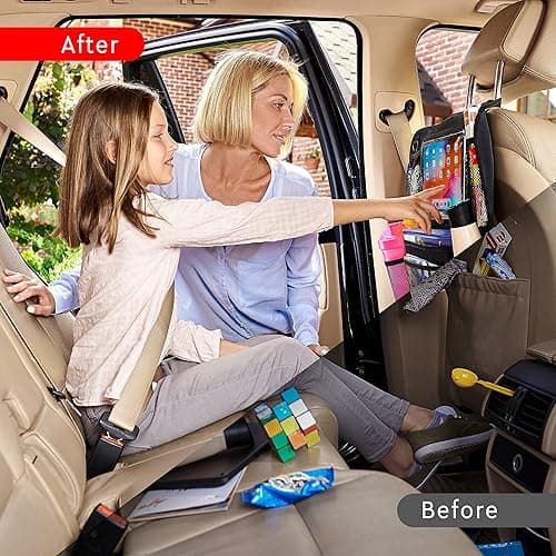 Helteko Backseat Car Organizer, Kick Mats Back Seat Protector with Touch Screen Tablet Holder, Back Seat Organizer for Kids with 9 Storage Pockets, Travel Accessories (2 Pack, Deep Pink) thumbnail 3