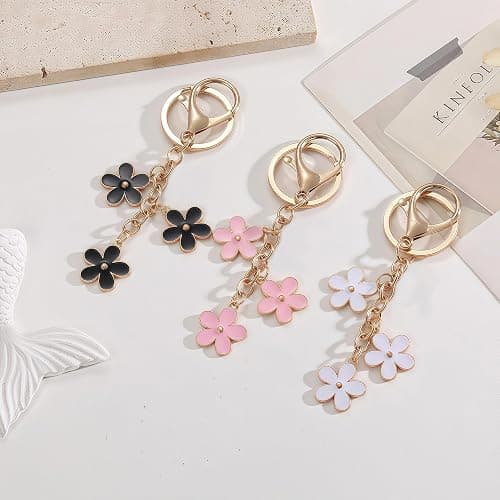 Qubusm 3Pcs Cute Keychain for Women, Flower Enamel Charm Keyring for Handbag Backpack Purse（White,Pink,Black thumbnail 3