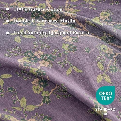 Simple&Opulence Muslin Duvet Cover Set King Size, 100% Washed Cotton 3 Pieces Yarn-Dyed Vintage Purple Floral Jacquard Textured Bedding, Soft & Breathable Gauze Comforter Cover with Zipper Closure thumbnail 2